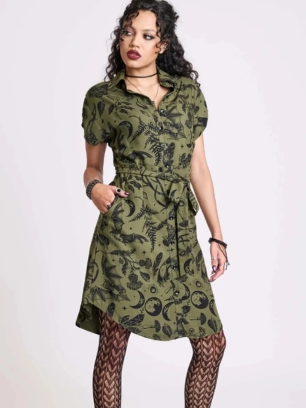 Crescent Moon Olive Green Button-Front Shirt Dress by Midnight Hour - Picture 2 of 9